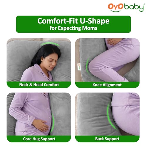 Image of OYO BABY Pregnancy Pillows for Sleeping U-Shape Full Body Pillow | Head-to-Toe Maternity Support for Back, Hips, Legs & Belly | Removable Washable Velvet Cover (Light Grey)