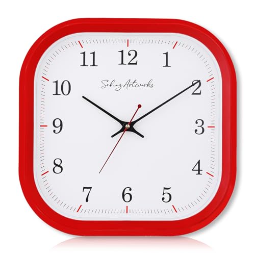 Image of Sehaz Artworks Silent Square Wall Clock for Hall | Red - 28x28 CM | Non Ticking, Designer Wall Clock for Bed Room Silent Sweep, Wall Watch for Living Room Stylish, Clock for Living Room Stylish