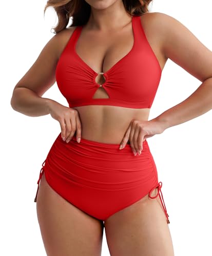 FeelinGirl High Waisted Bikini Sets for Women Tummy Control Swimsuit for Women with Drawstring Deep...