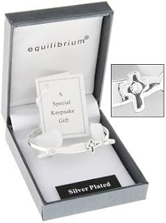 Equilibrium Silver Plated Christening Bangle with a cross