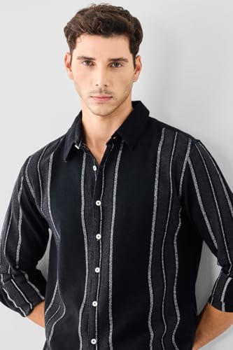 Image of SNITCH Men Casual Shirt | Regular Fit Full Sleeve Point Collar Striped Design | Textured 100% Cotton & Breathable Fabric Smart Casual Outings