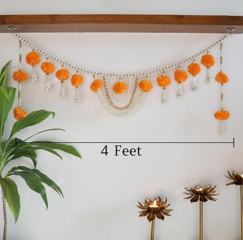 Image of Divyakosh Fabric and Beads Marigold Flower with Moti Toran(Size 4 FT / 48 Inch), Bandarwal Door Hanging, Festival Toran for Home Decor