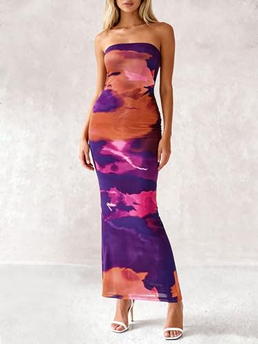 Image of PRETTYGARDEN Women Summer Strapless Maxi Dress Bodycon Floral Sexy Long Wedding Guest Dress Formal Tube Mesh Cocktail Dresses