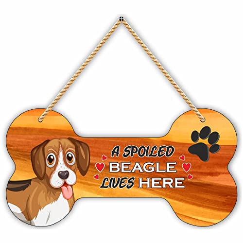 Image of CVANU MDF Wooden Cute Dog Sign Plaque Bone Design A Spoiled Beagle Lives Here Animal Love Board, Name Plate for Dog House Brown & White, Size(10x5) inch