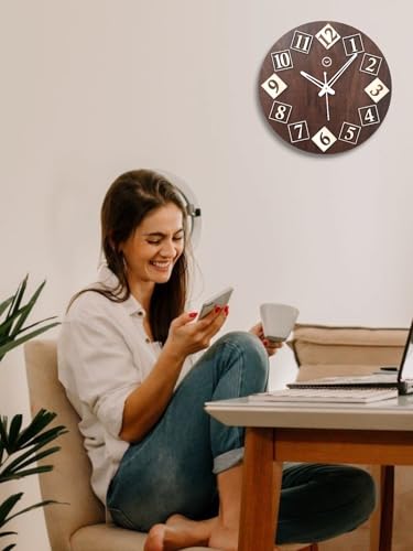 Image of cozyloom Antique Wooden Analog Wall Clock - Rustic Vintage-Style Classic Timepiece with Bold Number Blocks &Home, Living Room, Office Decor