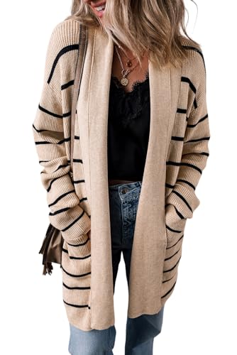 SELINK Women's Casual Stripe Cardigan Sweater Shawl Neckline Open Cardigan with Pockets Long Sleeve Collar Daily Outwear