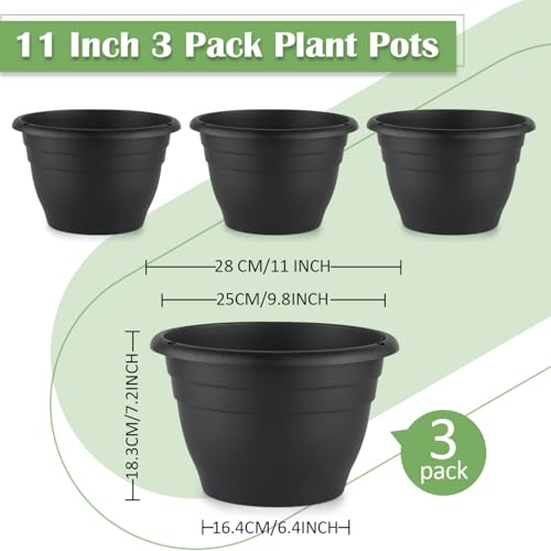 Image of RooTrimmer 3 Pack 11 Inch Plant Pots for Indoor Outdoor,Plastic Floor Planters with Drainage Holes,Lightweight Durable Flower Pots for Home,Patio & Garden(Black)