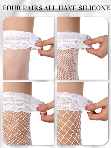 Image of Bencailor 4 /6 /12 Pairs Fishnet Thigh High Stocking for Women Silicone Lace Top Sheer Over Knee Stockings