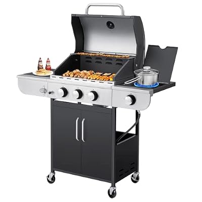 MELLCOM BBQ Propane Gas Grill, 3/4/6 Burner Stainless Steel Patio Garden Barbecue Grill with Stove and Side Table