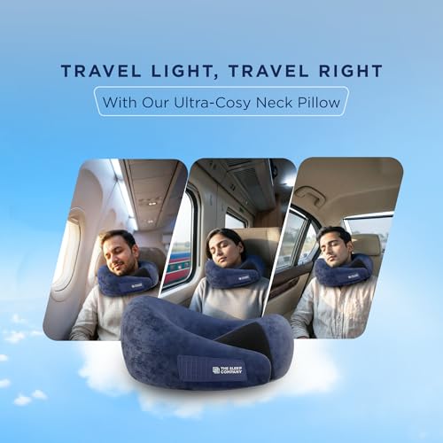 Image of The Sleep Company Travel Neck Pillow | PU Latex | Neck Support | Perfect For Flights, Car, Train and Bus Journeys | Dual Height Design | Compact Zippered Case | Light Weight | Adjustable Velcro | Blue