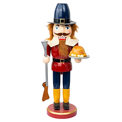 FUNPENY 14 inch Thanksgiving Decorations, Wooden Soldier Nutcracker Figures Hold Turkey, Collectible Ornament for Table Desktop Fireplace Fall Home Decor
