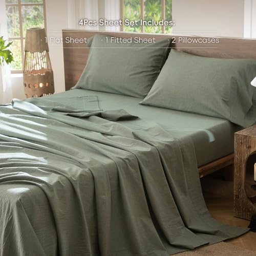 Image of MooMee Sheet Set 100% Washed Cotton Linen-Like Extra Deep Pocket King | Relaxed Linen-like Texture. Soft, Breathable & Lightweight Comfort. 15-19 inch Extra Deep Pocket with All-around Elastic