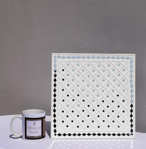 Image of Ethnics of Kutch Traditional Kutch Handicraft Mud-Mirrorwork Lippan Kam Wall Art (Water and Break Resistant) - Square (12 inch x 12 inch) - (White LKT-0287)