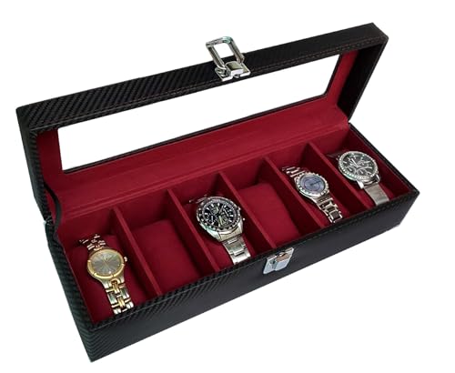 Image of Men's and Women's Watch Box Organiser in leatherette and suede- 6 Slots (Black sapphire-6W)