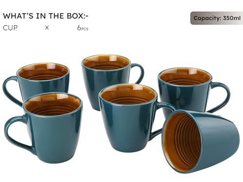 Image of Bodhi House Handcrafted Ceramic Coffee Mug Set of 6 Pieces (350 Ml), Stoneware Tea Cup, Microwave Safe Large Milk Mug, Glossy Finish, Ideal for Daily use, Casual Gatherings and Gifting, Cyan