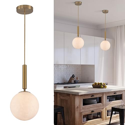 Gold Round Ball Ceiling Light - Modern Milk Glass Pendant For Bedroom & Dining