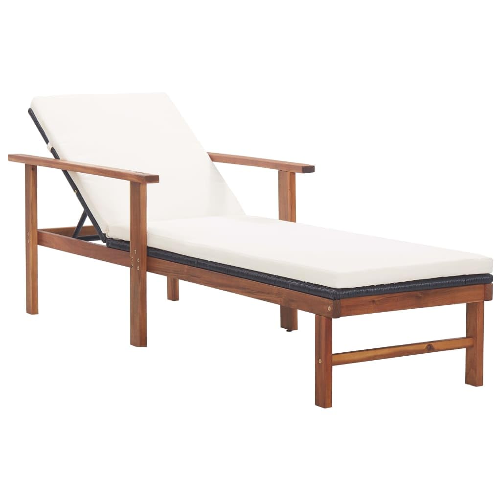 vidaXL Ratán Sintético Madera Maciza Acacia Tumbona con Cojín Reclinable Cama de Exteriores en Jardín Patio Playa Piscina Camping Multiposición Negro