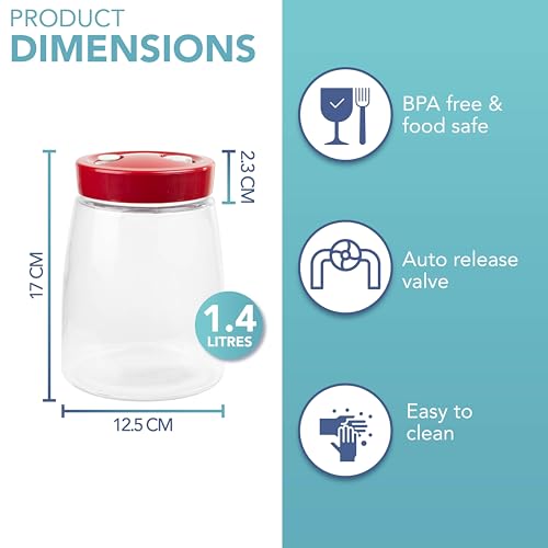 Fermenting Jar With 1 Way Air Release Vent - 1.4 Litres, 2 Pack - Ideal for Safe Fermentation for Kefir, Kimchi, Sauerkraut, Sourdough Starter, Overnight Oats - Fermentation Jars Pack of 2
