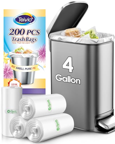 Teivio 4 Gallon 200 Counts Strong Trash Bags Garbage Bags, Bathroom Trash Can Bin Liners, Small Plastic Bags for Home Office Kitchen Kitchen (Clear)