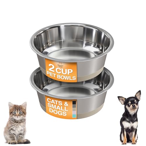 Neater Pet Brands Stainless Steel Dog Bowls with Non-Slip Rubber Bottom – 2 Cup (16 oz), Tan - Set of 2 Heavy Duty Metal Dog Bowls, Dishwasher Safe, Food or Water Bowl, Ideal for Small Dogs & Cats