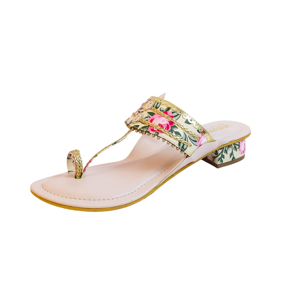 OZURI Womens Kolhapuri Short Heel,Embellished & Traditional Footwear toe sandals for women (Beige, Numeric_6) (B0C378V6C9) Amazon Price History, Amazon Price Tracker