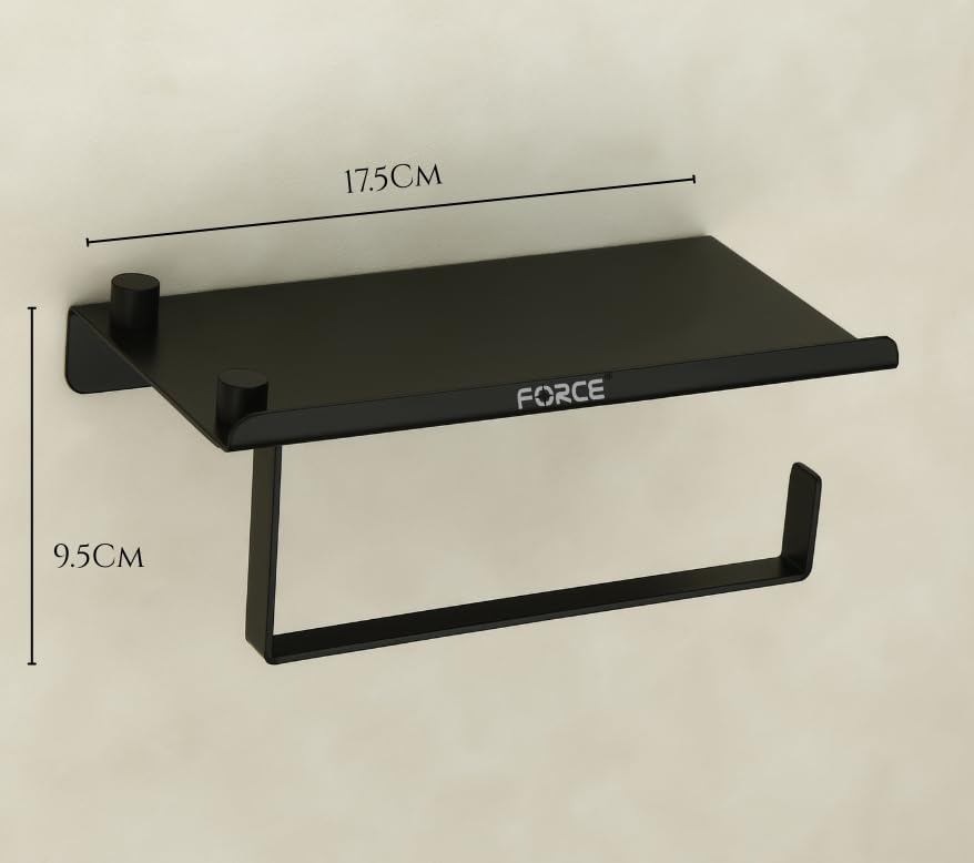 Image of Force Toilet Paper Holder with Shelf - Pack of 3 - Wall Mounted Rustproof Stainless Steel Bathroom Tissue Roll Holder with Raised-Edge Storage Shelf - Matte Finish - Modern & Durable Design Black