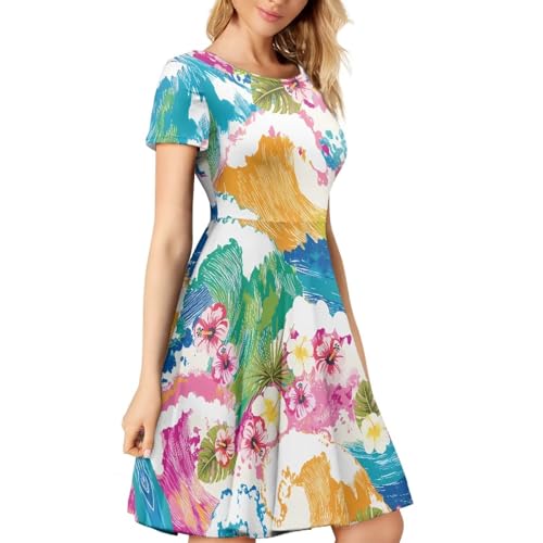 Image of HUGS IDEA Womens Puffy Swing Midi Dress Round Neck Short Sleeve Party A-Line Dresses