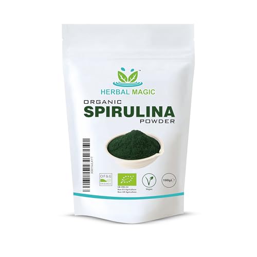 Herbal Magics Organic Spirulina Powder - Sparkle Your Smoothies Shakes - Ideal for Trainers on a Vegan Vegetarian Diet - No Fillers & Preservatives - of&G UK Organic Certified-100g (Pack of 1)