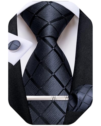 Image of DiBanGu Mens Silk Plaid Tie and Pocket Square Set | Elegant Silk Formal Tie Set, Woven Check Necktie and Cufflinks Tie Clip Set, Perfect for Wedding Party, Comes in Gift Box