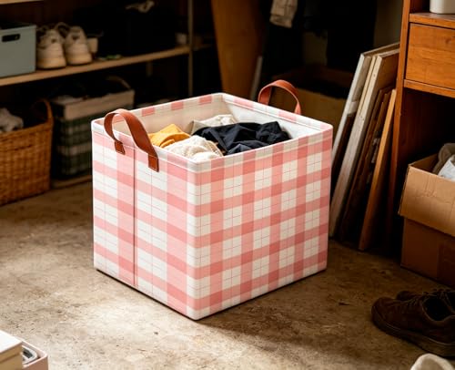 Image of CLOCOR Rectangular Storage Basket,Collapsible Storage Bin,Waterproof Books Box with Handles,Gift Basket(Pink Grid)