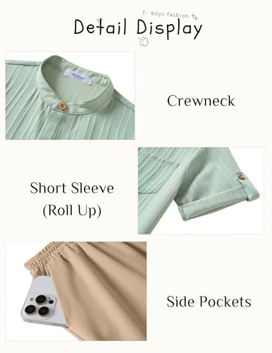 Image of Arshiner Boy's 2 Piece Beach Outfit Short Sleeve Textured Button Down Shirt and Short Sets Summer Vacation Wear 4-12 Years
