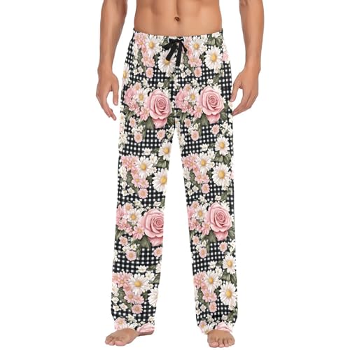 Men's Pink Roses Daisies Pajama Pants with Pockets - Straight Fit Cotton Sleep Bottoms for Lounge & Nightwear#932