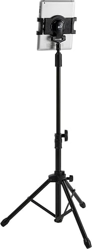 Soporte de piso para iPad, base de trípode, altura ajustable, poste telescópico, portátil, funda de transporte (negro)