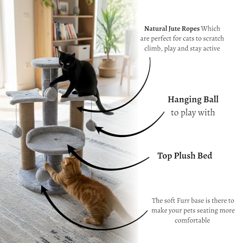 Image of Multi-Level Play Cat Tree, Grey and Natural Sisal, 17 Inch Height with Plush Platforms, Scratching Posts, Hanging Balls, Indoor Activity Tower FURR-18-GR (Grey)