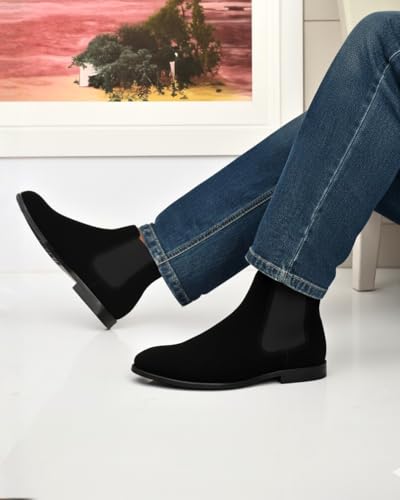 Image of Men's Leather Chelsea Boots, Ankle Length Slip-On with Memory Foam Insole, Block Heel, Round Toe, Water Repellent, Formal Wear, Black