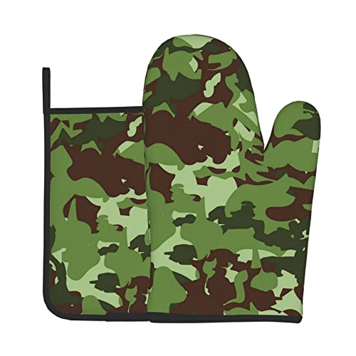 Grüne Camouflage Ofenhandschuhe und Topflappen Sets von 2 Stück, rutschfeste Kochen Hot Pads Waschbar Hitzebeständig für Küche Mikrowelle BBQ Backen Grillen Cover