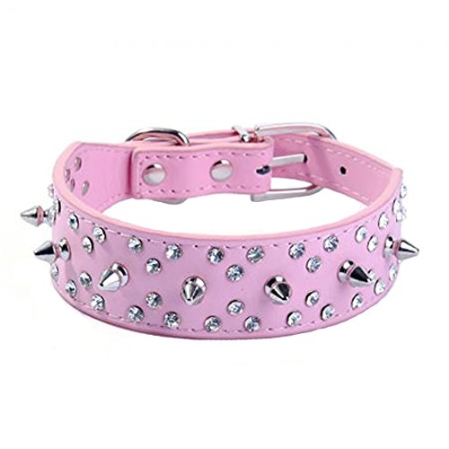 Dogs Kingdom 16.5"-20.5" Length Cool Spiked And Rhinestone Studded Leather Dog Collars For Small Medium Dogs Pitbull Terrier Pink M #TOP16
