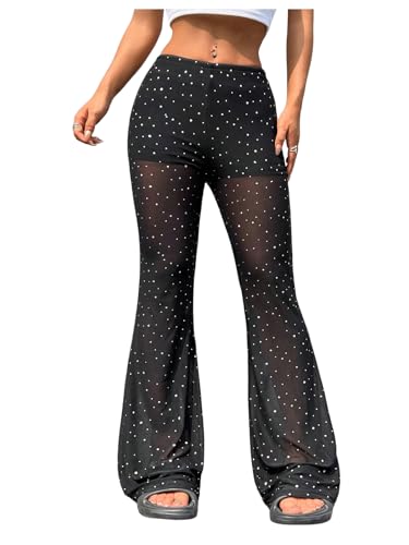 OYOANGLE Women's Sparkly Mesh Sheer Flared Pants