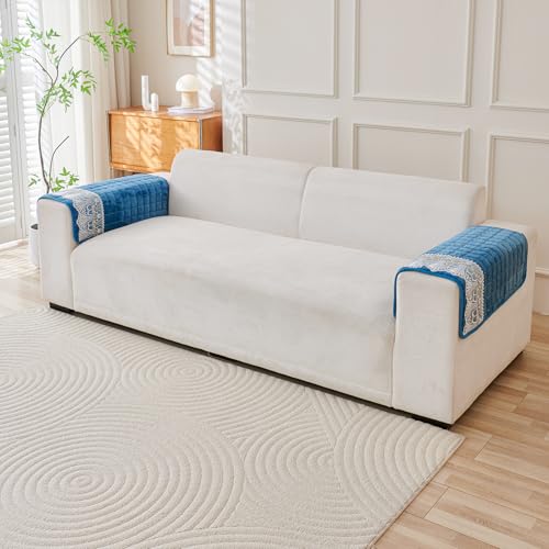 Image of HOKIPO 'BelleLace Series' Imperial Milk Velvet Anti-Slip Sofa Armrest Covers with Lace | 1 Pair - Celdaon Blue (AR-5961-BL*2)