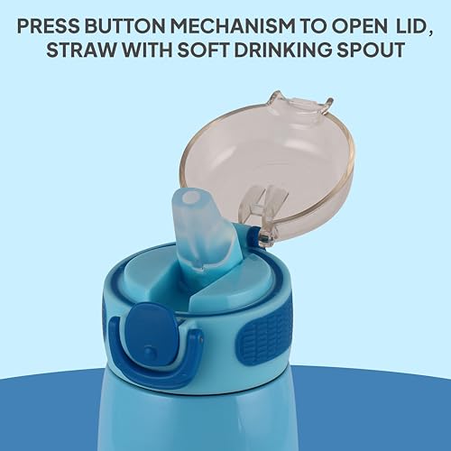 Image of Cello Kidzbee Flare 450 Insulated Stainless Steel Sipper Water Bottle 444 ml, Light Blue | Mickey Family Cartoon Design Hot & Cold Bottle | Vacuum Insulated Leakproof Easy to Carry Bottle for Kids