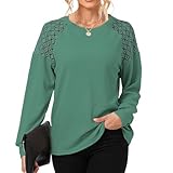 SYKT Damen Rundhals Langarm Einfarbig Waffelstrick Spitze Patchwork T-Shirt Elegante Oberteile Bluse Casual Pullover Basic Tops