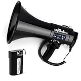 MyMealivos Megaphone with Siren Bullhorn 50 Watt Bullhorn Speaker with Detachable Microphone, Portable Lightweight Strap & 3.5mm Aux Input (Black2-Bluetooth-Battery)
