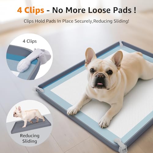 Image of LOOBANI Dog Pee Pad Holder - Non-Slip Silicone Dog Potty Tray with 4 Clamps, High Edge Puppy Pad Holder Tray for Indoor Potty Training, 24 inch x 24 inch Square Puppy Training Pads, Gray