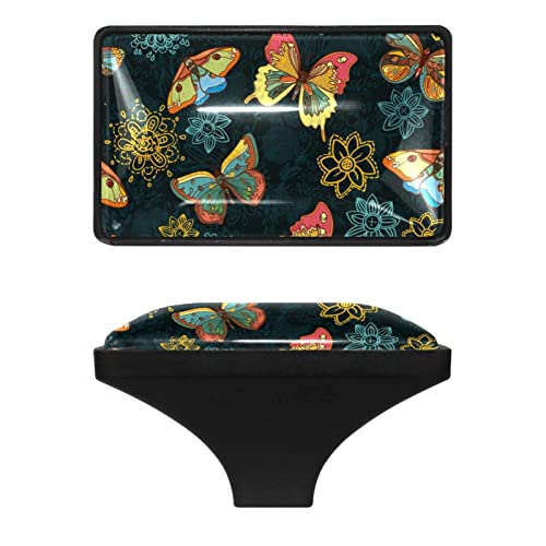 Eslifey Paquete de 4 pomos de cajón con manijas de mariposa y flores, pomos de gabinete de cocina, tiradores rectangulares decorativos de vidrio ABS para armario, muebles con tornillo Cover