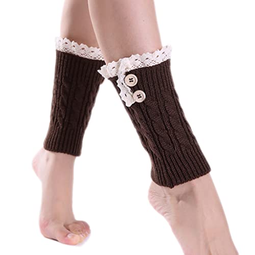Women Cable Knitted Boot Cuffs Lace Trim Double Button Short Socks Leg Warmers