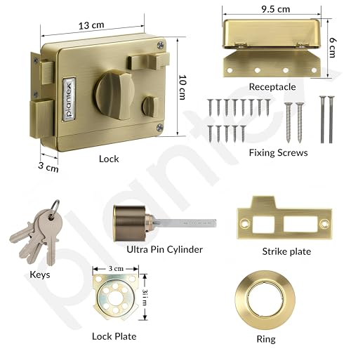 Image of Plantex Heavy Duty Night Latch Door Lock with Key & Knob for Main Door /Inside Opening for Home,Hotel,Office - Pack of 1 (Brass Antique)