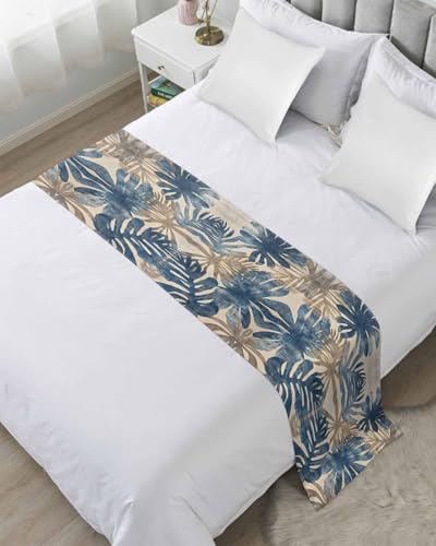 DecorLovee Blue Brown Palm Leaf Bed Runners for Queen Size Bed, Decorative Bed Throws for Foot of Bed, Summer Farmhouse Botanical Bed Runner Sofa Throw Bedding Scarf Protector Slipcover for Bedroom