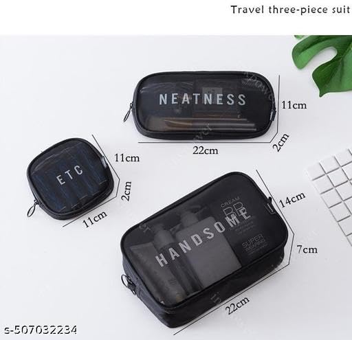 (ONLY POUCHES) Travel Nylon Mesh Makeup Bags Set 3 Pieces See Through Zipper Pouch Travel Cosmetic And Toiletry Kit Organizer Bag 3 Pack Of S M L 3-in-1-mkup-nvyblu-09-14 SB-P9291 3