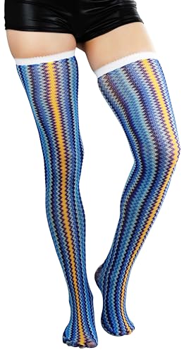 ToBeInStyle Women's Spandex Blue-Orange Mixed Zig Zag Design Thigh Hi Hosiery