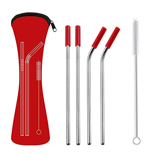 YTT 4-Pack Silver Stainless Steel Straws Reusable, Ultra Long 8.5 Inch with Travel Case Cleaning Brush Silicone Tips Eco Friendly Extra Long Metal Straws Drinking (Red)